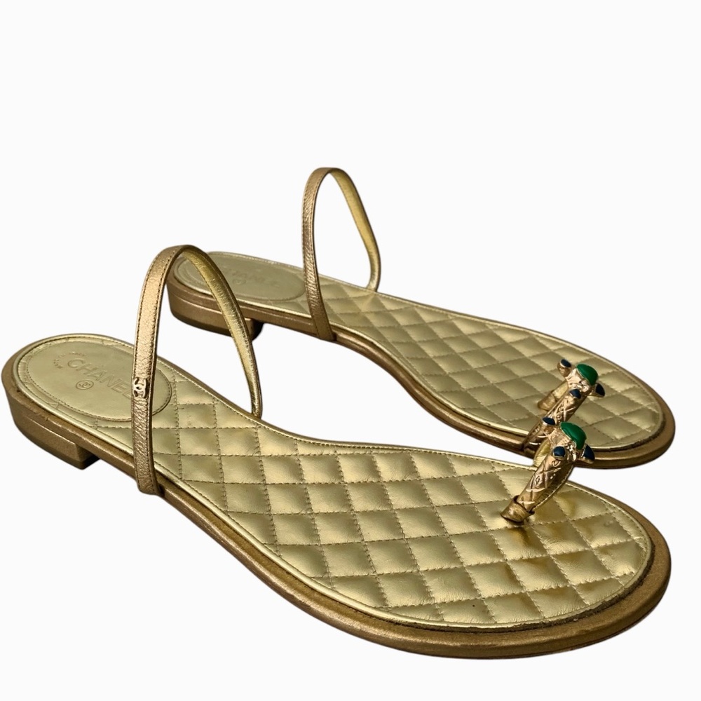 CHANEL Leather Enamel Embellished Toe Ring Ankle Strap Flat Sandals Gold…